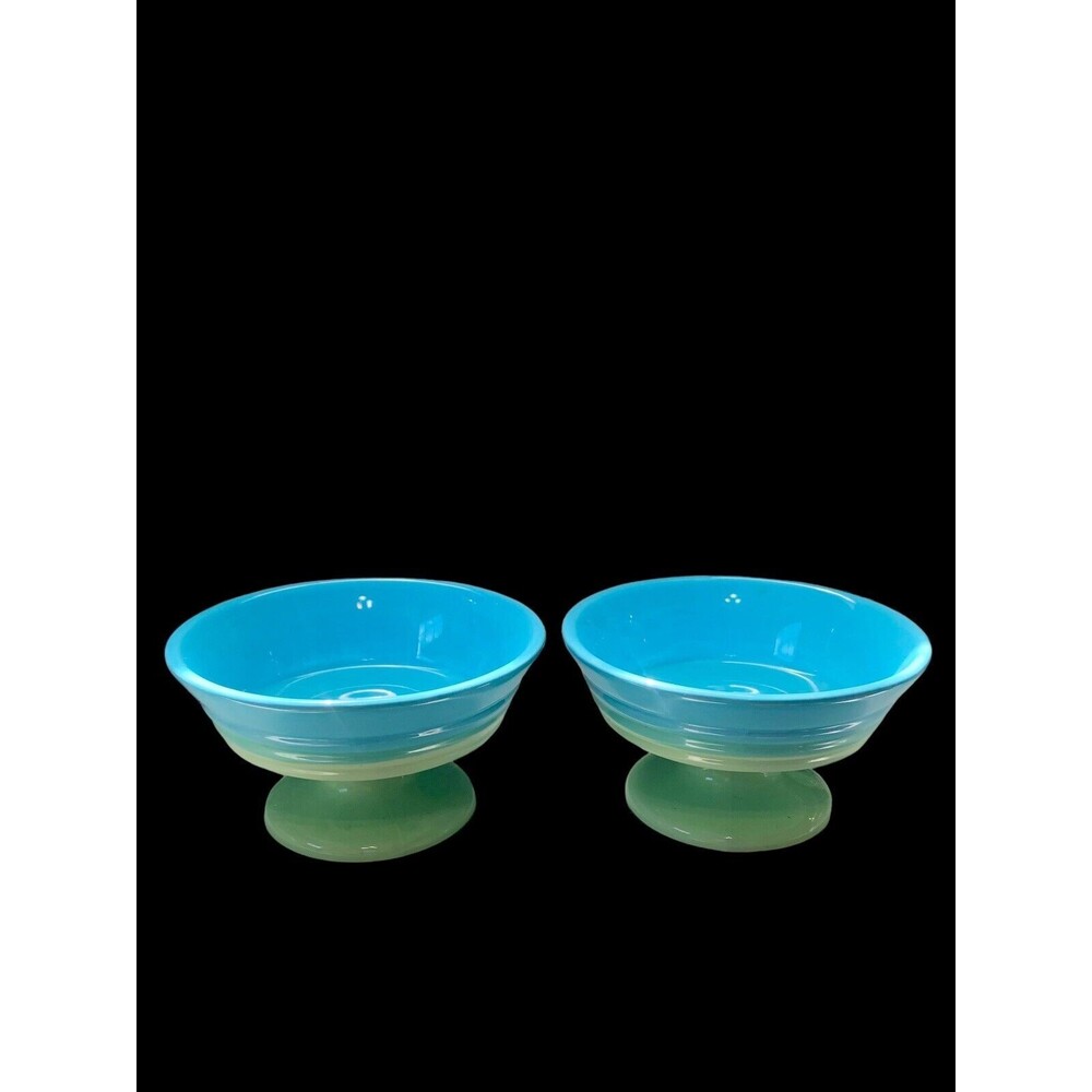 Trisa Stoneware Blue Green Set Of 2 Footed Ice Cream Dessert Bowls